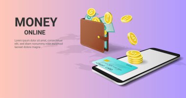 Para cep telefonundan çevrimiçi. Para transferi, online para transferi, dijital cüzdan, nakit para kazanma ya da para kazanma. Finansal tasarruflar. 3B Vektör illüstrasyonu