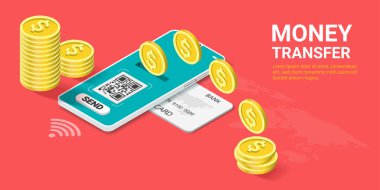 Finansal işlemler için kredi kartı, online para, çevrimiçi ödeme, mali tasarruflar, iş finansmanı, sermaye akışı için cep telefonu uygulaması üzerinden online para transferi. Isometric Vektör illüstrasyonu