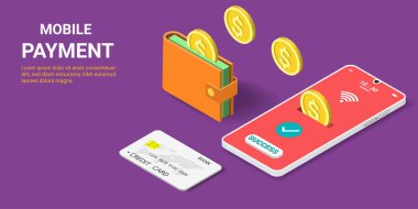 Çevrimiçi ödeme kavramı. Cüzdandan akıllı telefona çevrimiçi para transferi. Finansal işlemler, online para, dijital cüzdan, iş finansmanı. Isometric Vektör illüstrasyonu