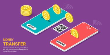 Finansal işlemler için cep telefonu uygulamasında para transferi, çevrimiçi para, çevrimiçi ödeme, mali tasarruflar, iş finansmanı, sermaye akışı. İnternet sitesi, afiş. Isometric Vektör illüstrasyonu