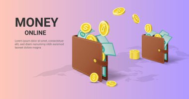 Cüzdandan cüzdana para transferi. Finansal tasarruflar. Nakit para. Ödeme. Sermaye akışı. Dijital cüzdan. Çevrimiçi para kavramı. Banner iniş sayfası tasarımı. Vektör illüstrasyonu