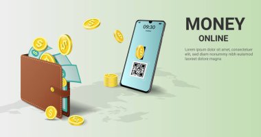 Cüzdandan cep telefonuna para transferi. Para online. Sermaye akışı, kazanmak ya da para kazanmak. Finansal tasarruflar, çevrimiçi ödeme, çevrimiçi nakit para, 3D vektör tasarım illüstrasyonu
