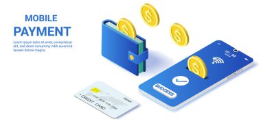 Cüzdandan cep telefonuna para transferi. Para online. Sermaye akışı, kazanmak ya da para kazanmak. Finansal tasarruflar, çevrimiçi ödemeler, çevrimiçi geri ödeme, Isometric vektör tasarımı çizimleri. Mavi