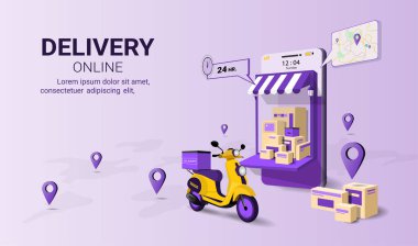 Mobiletle hızlı teslimat paketi. Çevrimiçi dağıtım servisi. İnternet e-ticareti. Web sitesi, afiş ve mobil web sitesi tasarımı kavramı. Perspektif Vektör illüstrasyonu
