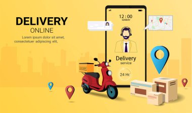 Mobiletle hızlı teslimat paketi. Çevrimiçi dağıtım servisi. İnternet e-ticareti. İzleme. Akıllı Lojistik. Web sitesi, afiş ve mobil web sitesi tasarımı kavramı. Perspektif Vektör illüstrasyonu