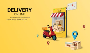 Mobiletle hızlı teslimat paketi. Çevrimiçi dağıtım servisi. İnternet e-ticareti. Web sitesi, afiş ve mobil web sitesi tasarımı kavramı. Perspektif Vektör illüstrasyonu