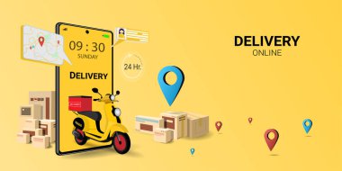 Mobiletle hızlı teslimat paketi. Çevrimiçi dağıtım servisi. İnternet e-ticareti. Web sitesi, afiş ve mobil web sitesi tasarımı kavramı. 3B Perspektif Vektör illüstrasyonu