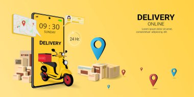 Mobiletle hızlı teslimat paketi. Çevrimiçi dağıtım servisi. İnternet e-ticareti. Web sitesi, afiş ve mobil web sitesi tasarımı kavramı. 3B Perspektif Vektör illüstrasyonu