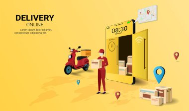 Paket kutusunu cep telefonunda mobiletle tutan kurye. Çevrimiçi dağıtım servisi. Lojistik ve Teslimat. Web sitesi veya afiş için web sayfası tasarımı kavramı. 3B Perspektif Vektör illüstrasyonu