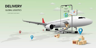 Cep telefonu, küresel lojistik ve ulaşım üzerinden online dağıtım hizmeti. Çevrimiçi sipariş. Hava taşımacılığı lojistiği. Uçak, depo ve paket kutusu. Web sitesi veya afiş için web sayfası tasarımı kavramı. 3B Perspektif Vektör illüstrasyonu