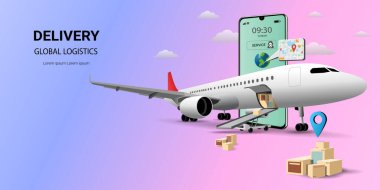 Cep telefonu, küresel lojistik ve ulaşım üzerinden çevrimiçi dağıtım. Çevrimiçi sipariş. Hava taşımacılığı lojistiği. Uçak, depo ve paket kutusu. 3B Perspektif Vektör illüstrasyonu
