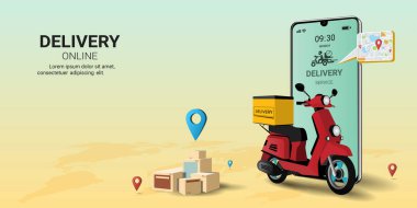 Mobiletle çevrimiçi dağıtım paketi. Çevrimiçi sipariş, çevrimiçi nakliye uygulaması, Akıllı Lojistik. Web sitesi, afiş ve mobil web sitesi tasarımı kavramı. 3B Perspektif Vektör illüstrasyonu