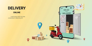 Mobiletle hızlı teslimat paketi, çevrimiçi nakliye uygulaması, E-ticaret, Akıllı Lojistik. Web sitesi, afiş ve mobil web sitesi tasarımı kavramı. 3B Perspektif Vektör illüstrasyonu