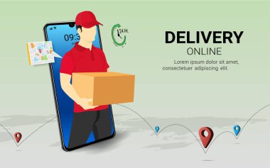 Paket kutusunu akıllı telefondan tutan kurye. Çevrimiçi hızlı teslimat servisi. Çevrimiçi sipariş. İnternet e-ticareti. Web sitesi ya da afiş konsepti. 3B Perspektif Vektör illüstrasyonu