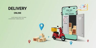Mobiletle hızlı teslimat paketi, çevrimiçi nakliye uygulaması, E-ticaret, Akıllı Lojistik. Web sitesi, afiş ve mobil web sitesi tasarımı kavramı. 3B Perspektif Vektör illüstrasyonu