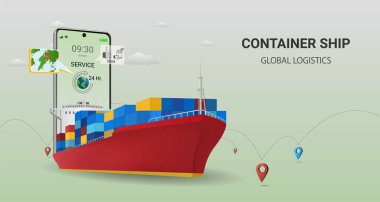 Konteyner gemisiyle çevrimiçi dağıtım, çevrimiçi sipariş takibi, küresel lojistik, gemi teslimatı, deniz lojistiği. Şehir lojistiği, depo, kargo, kurye. Web sitesi veya afiş kavramı. 3B Perspektif Vektör illüstrasyonu