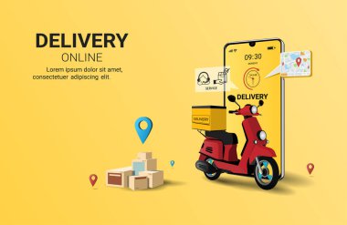 Mobiletle çevrimiçi dağıtım servisi. Çevrimiçi sipariş, E-ticaret, Çevrimiçi nakliye uygulaması, Akıllı Lojistik. Paket kutusu. Web sitesi ve afiş konsepti. 3B Perspektif Vektör illüstrasyonu