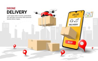 Drone Teslimat Konsepti. Cep telefonunda paket olan İHA ekspres teslimat servisi. Uzaktan kumandalı hava lojistiği. Web sayfası, uygulama tasarımı. 3B vektör çizimi