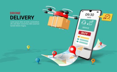 Cep telefonu uygulamasında paketli İHA ekspres teslimat servisi. Uzaktan kumandalı hava lojistiği .fast Digital online dağıtım konseptiyle. Web sayfası, uygulama tasarımı. 3B vektör çizimi