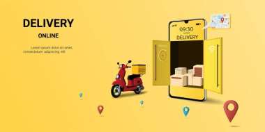 Mobiletle hızlı teslimat hizmeti, online sipariş, e-ticaret, Smart Logistic. Web sitesi, afiş ve mobil web sitesi kavramı. 3B Perspektif Vektör illüstrasyonu
