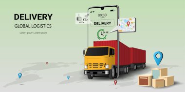 Lojistik ve dağıtım çevrimiçi servis, mobil, küresel lojistik, çevrimiçi sipariş. Dijital pazarlama. Kamyon, depo ve paket kutusu. Web sitesi veya afiş kavramı. 3B Vektör illüstrasyonu