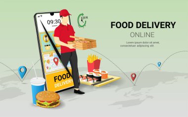 Teslimatçı cep telefonunda yiyecek tutuyor. Çevrimiçi hızlı teslimat servisi. İnternetten yemek siparişi. İnternet e-ticareti. Web sitesi ya da afiş konsepti. 3B Perspektif Vektör illüstrasyonu