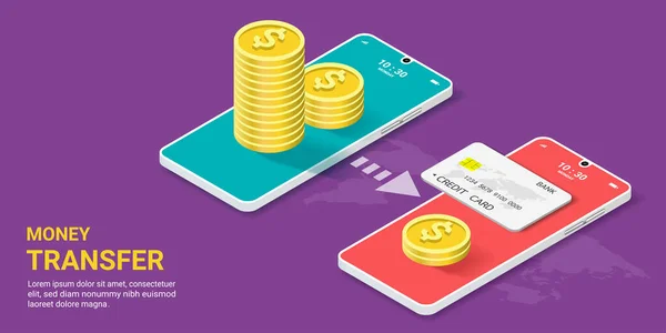 Mobil ödeme konsepti. Kredi kartıyla cep telefonundan para transferi. .mali işlem, online para, dijital cüzdan, iş finansmanı. Isometric Vektör illüstrasyonu