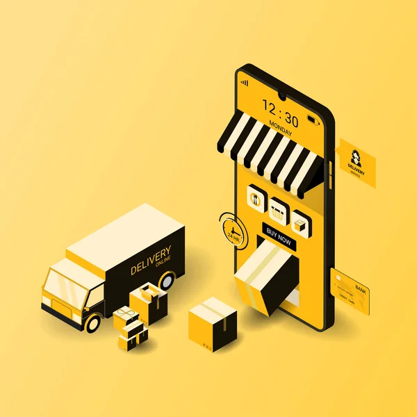 Entrega Line Celular Com Caminhão Entrega Amarelo Ordem Line Marketing — Vetor de Stock