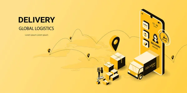 Isometric lojistik ve dağıtım çevrimiçi uygulama, çevrimiçi sipariş, dijital pazarlama. Kamyon, depo ve paket kutusu. Web sitesi, afiş ve mobil web sitesi kavramı. Vektör illüstrasyonu