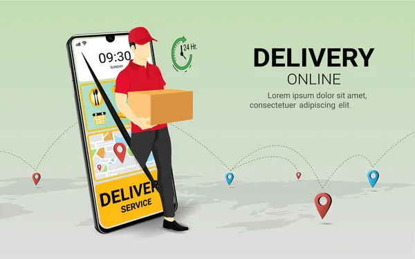 Paket kutusunu cep telefonuyla tutan kurye. Çevrimiçi hızlı teslimat servisi. Çevrimiçi sipariş. İnternet e-ticareti. Web sitesi ya da afiş konsepti. 3B Perspektif Vektör illüstrasyonu