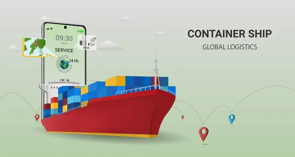 以集装箱船在线提供移动服务 在线订单跟踪 全球物流 船舶交付 海上物流 城市物流 网站或横幅的概念 3D透视矢量图解 — 图库矢量图片