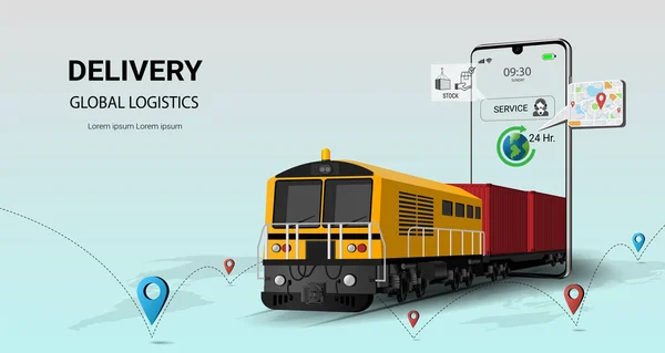 Çevrimiçi dağıtım lojistik servisi cep telefonunda. Demiryolu taşımacılığı. Küresel lojistik. Online sipariş. Tren, depo, kargo, kurye. Kargo treni konsepti. 3B Perspektif Vektör illüstrasyonu