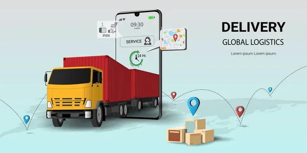Çevrimiçi dağıtım hizmeti, Global lojistik ulaşım, online sipariş. Şehir lojistiği. Kamyon, depo ve paket kutusu. Web sitesi veya afiş kavramı. 3B Perspektif Vektör illüstrasyonu