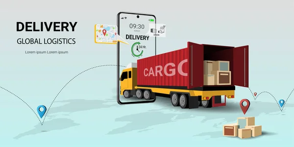Online dağıtım hizmeti, Global Lojistik, Online sipariş. Şehir lojistiği. Kamyon, depo ve paket kutusu. Web sitesi veya afiş kavramı. 3B Perspektif Vektör illüstrasyonu