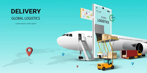 Global logistic  delivery online service on mobile, transportation. Air freight logistics. Online order. airplane, warehouse and parcel box. 3D Perspective Vector illustration