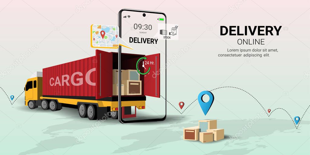 Logistics and delivery online service on mobile, Global logistic, Online order. Truck, warehouse and parcel box. Concept  for website or banner. 3D Perspective Vector illustration