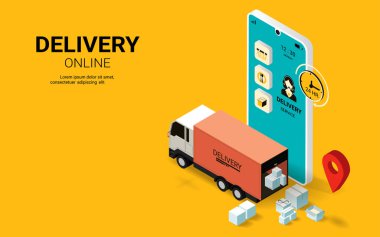 Akıllı telefondan ya da web sitesinden teslimat hizmeti, online sipariş, akıllı lojistik. Kamyon, depo ve paket kutusu. Web sitesi ve afiş konsepti. İzometrik vektör illüstrasyonu