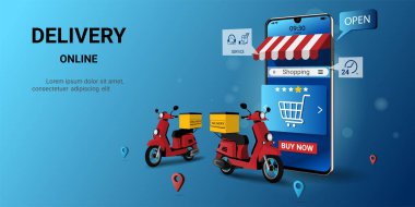 Mobiletle cep telefonundan hızlı online teslimat paketi. Çevrimiçi sipariş, çevrimiçi nakliye uygulaması, Akıllı Lojistik. Web sitesi, afiş ve mobil web sitesi tasarımı kavramı. 3B Vektör illüstrasyonu