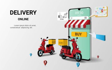 Mobiletle çevrimiçi dağıtım paketi. İnternet e-ticareti. İnternetten yemek siparişi. Çevrimiçi nakliye uygulaması. Web sitesi, afiş ve mobil web sitesi tasarımı kavramı. 3B Perspektif Vektör illüstrasyonu