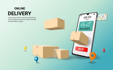 Çevrimiçi dağıtım kavramı. Çevrimiçi sipariş izleme. Depo, paket kutusu, kurye, teslimatçı, cep telefonu. Teslimat konsepti. 3B Perspektif Vektör illüstrasyonu