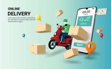 Mobiletle paket kutusuyla hızlı teslimatçı. Çevrimiçi sipariş izleme. Akıllı Lojistik. Eve ve ofise teslimat. E-ticaret konsepti. Web sitesi, afiş, uygulama tasarımı. 3d vektör illüstrasyonu
