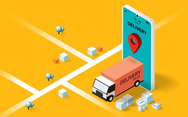 Çevrimiçi dağıtım, yol ve navigasyon, akıllı lojistik, çevrimiçi sipariş. Şehir lojistiği. Kamyon, depo ve paket kutusu. İnternet sitesi, afiş. Isometric Vektör illüstrasyonu