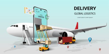 Cep telefonu, küresel lojistik ve ulaşım üzerinden online dağıtım hizmeti. Hava taşımacılığı lojistiği. Çevrimiçi sipariş. Uçak, depo ve paket kutusu. Web sitesi veya afiş için web sayfası tasarımı kavramı. 3B Perspektif Vektör illüstrasyonu
