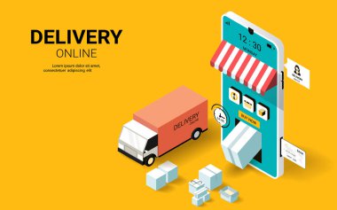 Çevrimiçi dağıtım hizmeti kavramı. Akıllı telefondan ya da internet sitesinden teslimat, online sipariş, akıllı lojistik. Depo ve paket kutusu. Web sitesi ve afiş konsepti. İzometrik vektör illüstrasyonu