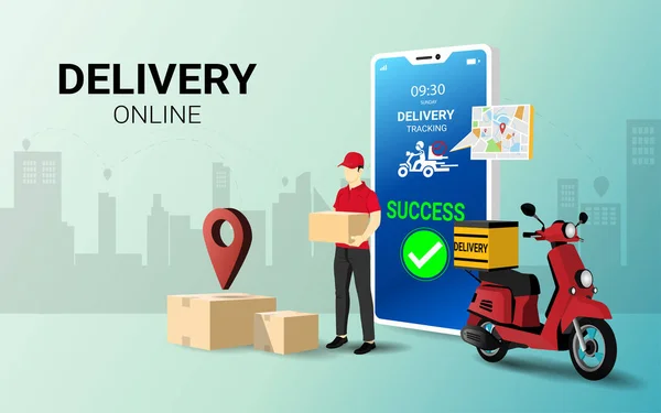 Paket kutusunu elinde tutan kurye bir kadınla cep telefonunda. Çevrimiçi hızlı teslimat servisi. Online sipariş. İnternet e-ticareti. Web sitesi veya afiş kavramı. 3B Perspektif Vektör illüstrasyonu