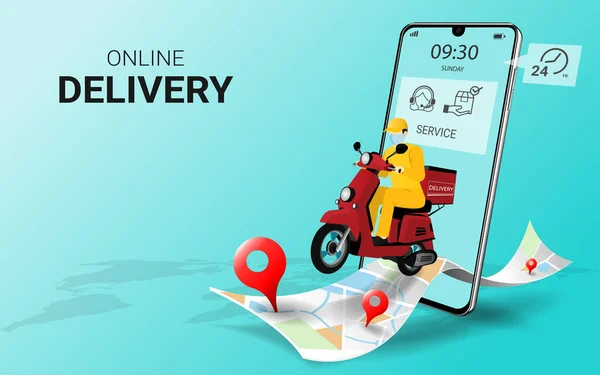 Mobiletle hızlı teslimatçı. Çevrimiçi yemek siparişi, hızlı kurye, çevrimiçi nakliye uygulaması, Akıllı Lojistik. Paket kutusu. Web sitesi ve afiş konsepti. 3B Vektör illüstrasyonu