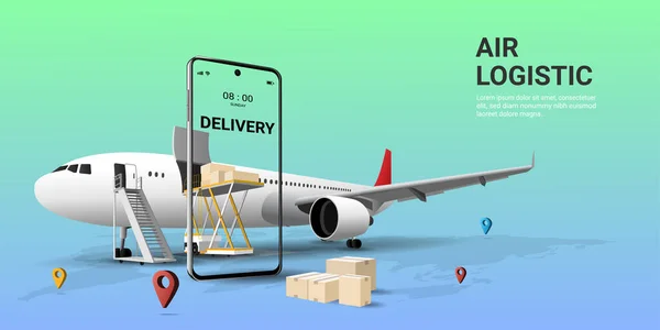 Онлайн Глобальна Служба Доставки Транспорту Мобільний Літак Логістика Авіаперевезень Онлайн — стоковий вектор
