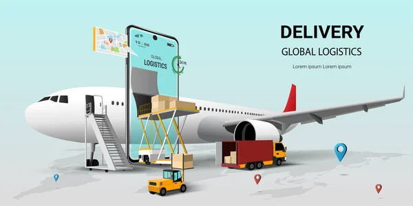 Online delivery service on mobile, Global logistic, transportation. Air freight logistics. Online order. airplane, warehouse and parcel box. Concept of web page design for website or banner. 3D Perspective Vector illustration