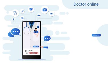 Doktor ve hasta ekranda, akıllı telefon uygulamasında online danışman doktor. Çevrimiçi sağlık kliniği, tele tıp, Çevrimiçi sağlık hizmetleri ve tıbbi danışmanlık, Dijital sağlık konsepti. Vektör