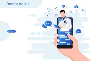 Telefon ekranından erkek doktorla mobil uygulama üzerinden online danışma doktoru. Çevrimiçi sağlık kliniği, tele tıp, Çevrimiçi sağlık hizmetleri ve tıbbi danışmanlık, Dijital sağlık konsepti. 3B vektör